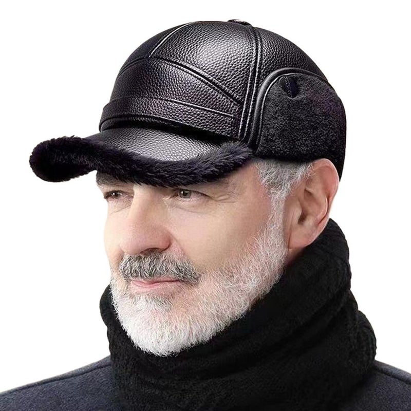 Warm flat-top hat with fleece lining and thickened ear flaps, casual hat for grandpas and elderly men, winter hat for dads.